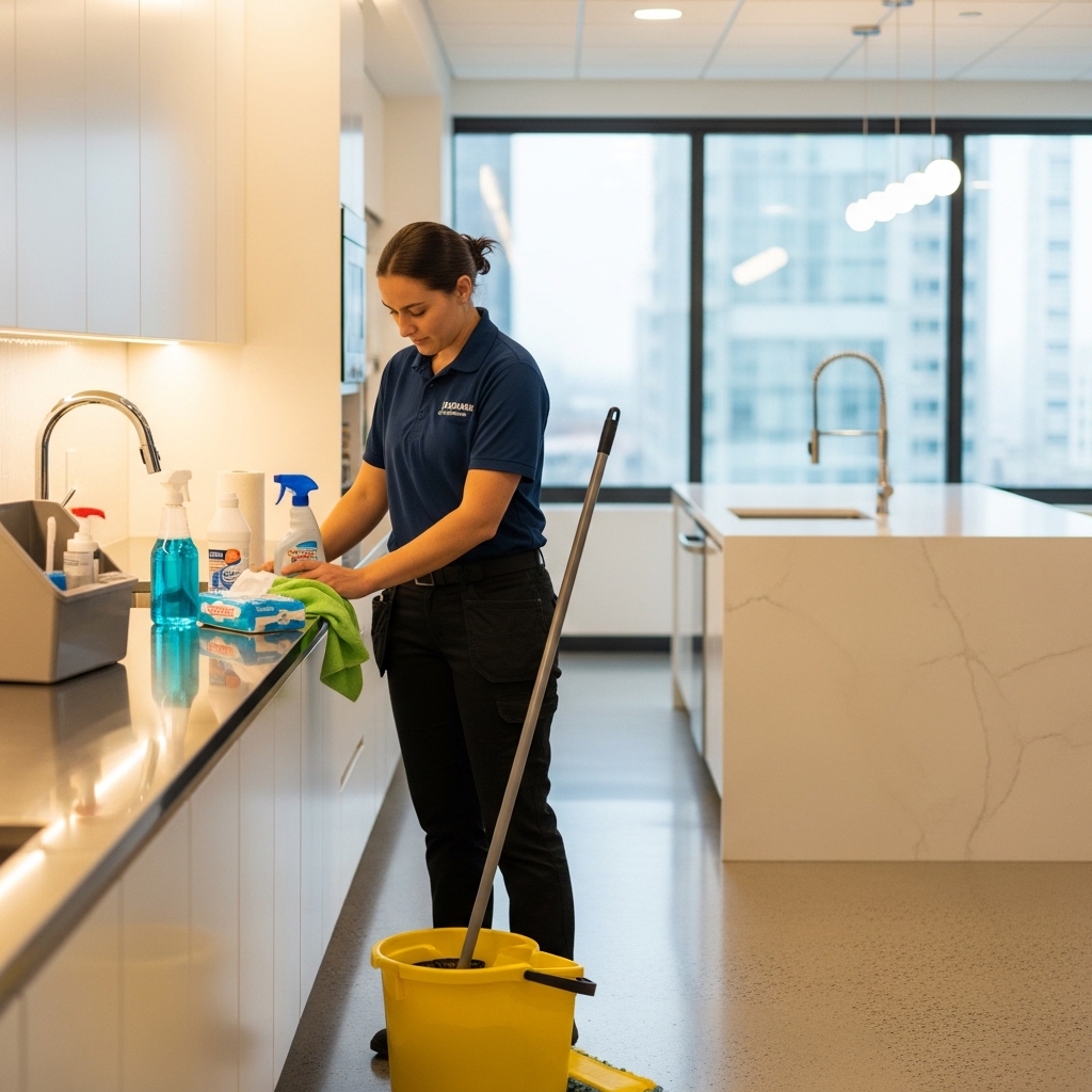 Commercial cleaner preparing cleaning supplies in an office environment