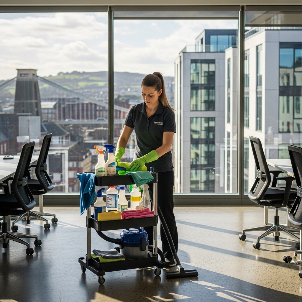 Commercial cleaning team preparing an office clean in Bristol