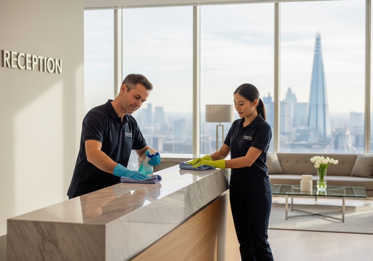 Cleaning staff wiping down a reception desk