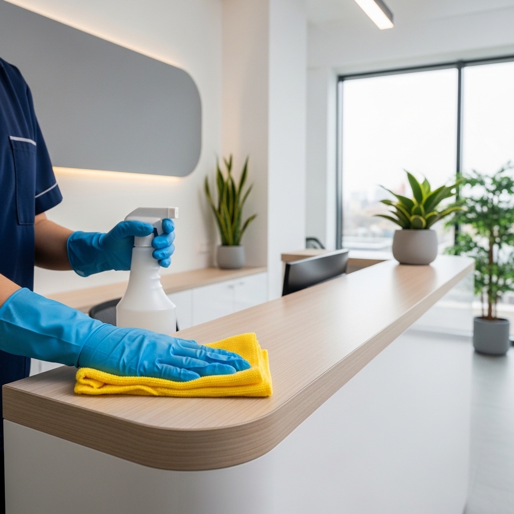 Commercial cleaner disinfecting high-touch surfaces in a workplace reception