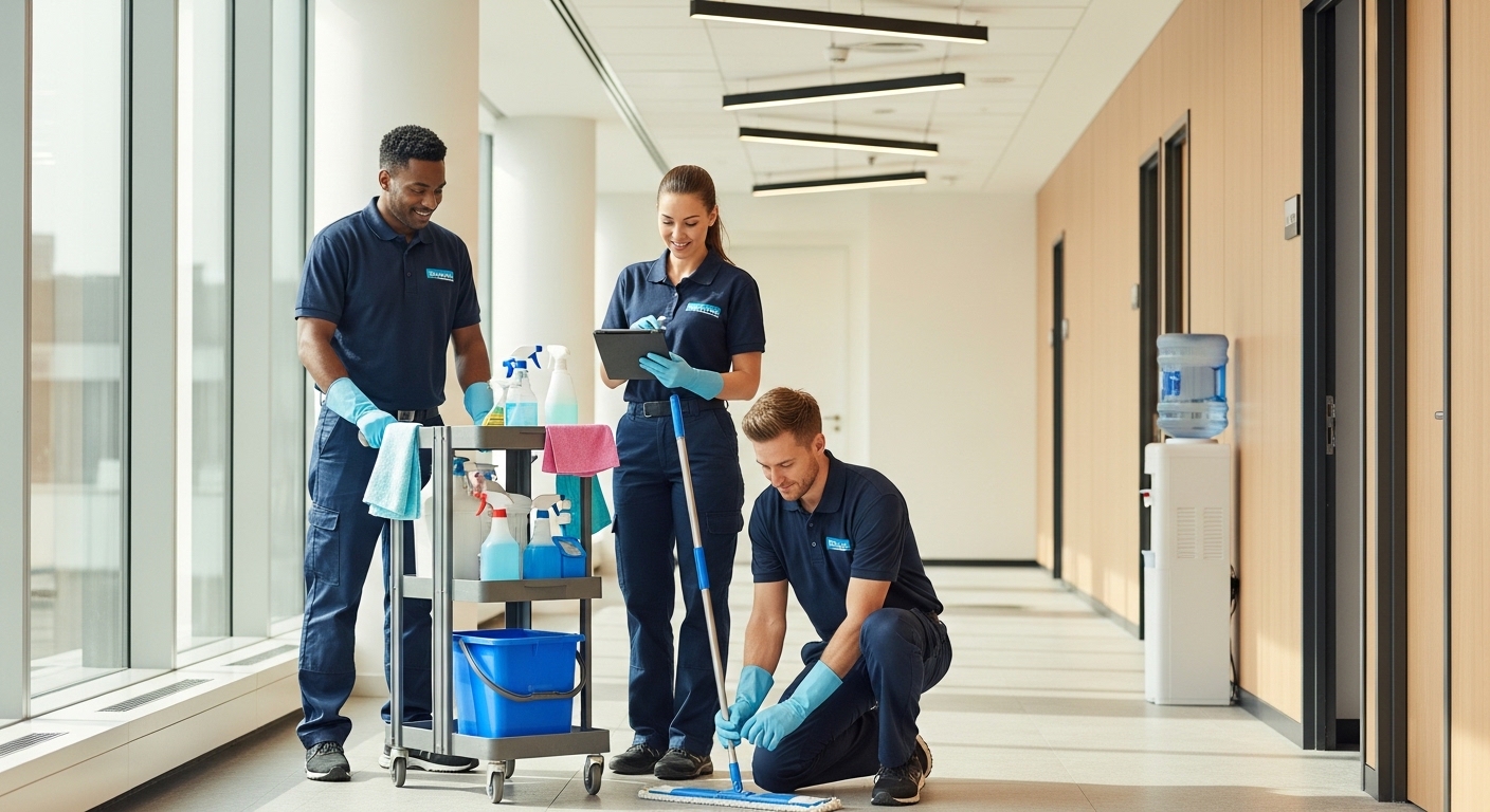 Commercial cleaning team preparing equipment
