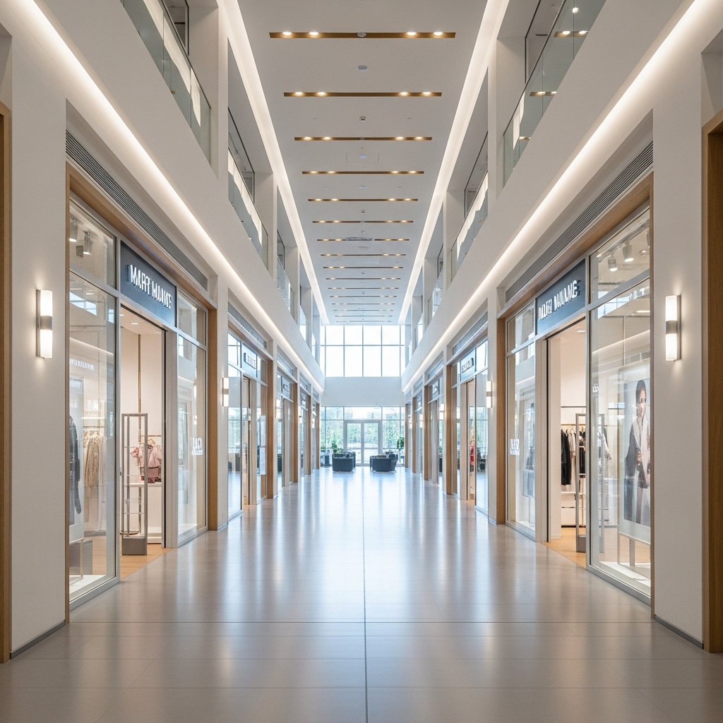 Clean commercial building corridor with polished floors