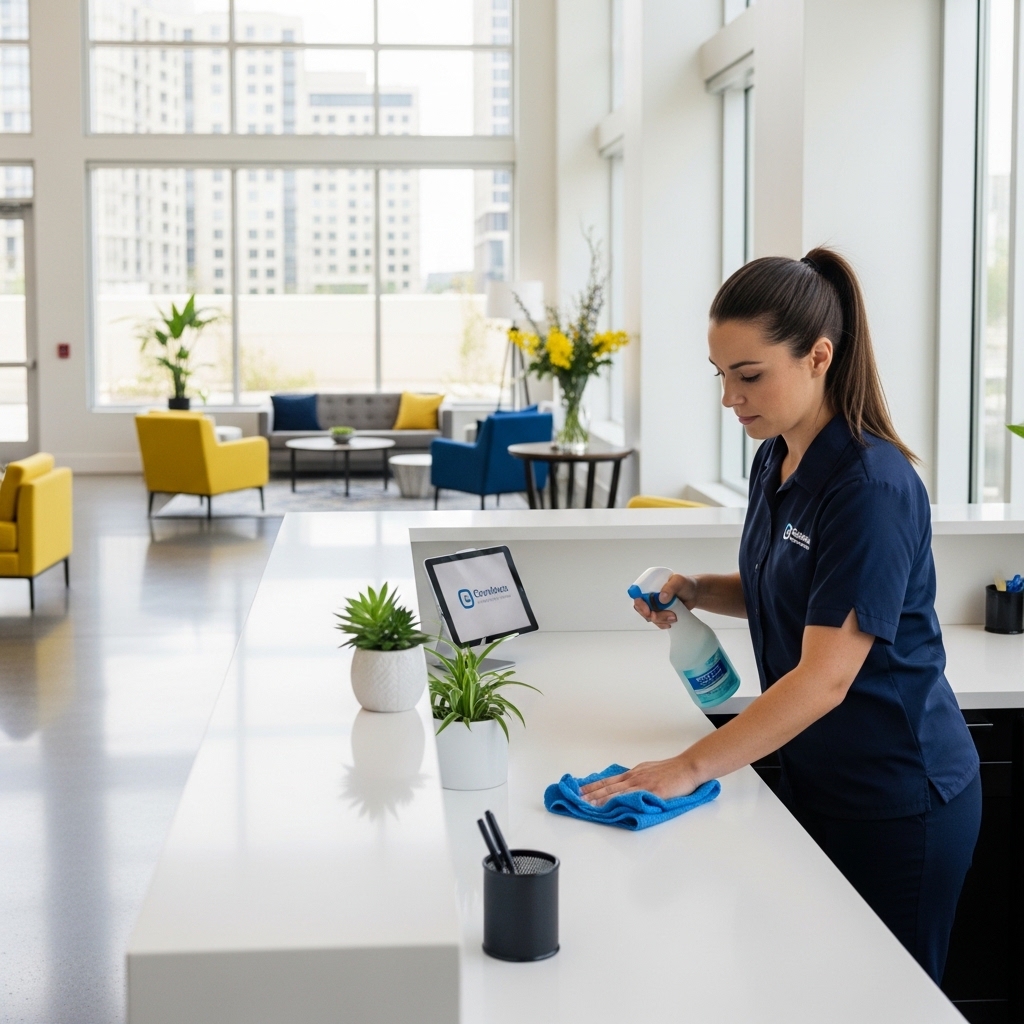 Commercial cleaner maintaining a professional reception area