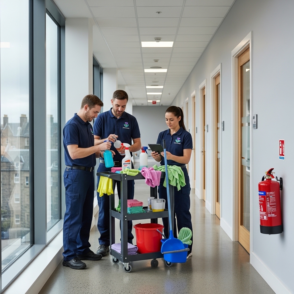 Commercial cleaning team preparing to clean a professional workplace