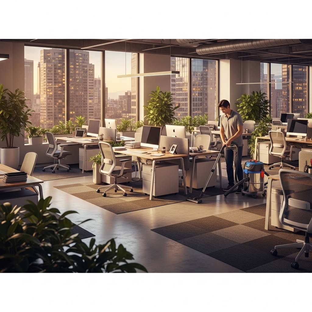 Cleaner vacuuming an open plan office