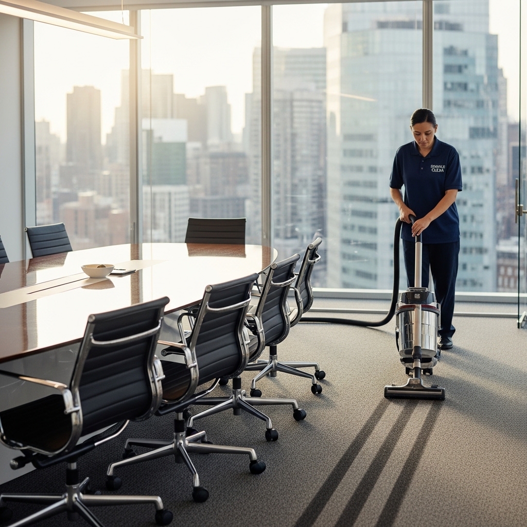 Commercial cleaner vacuuming a meeting room in Coventry