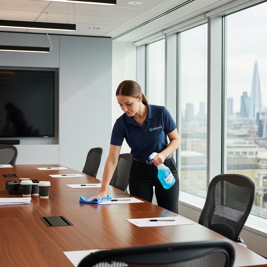 Commercial cleaner detailing a meeting room