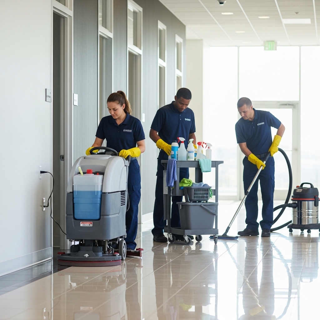 Commercial cleaning team preparing equipment in a facility
