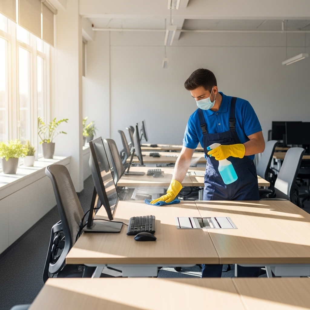 Commercial cleaner sanitising office desks in a modern workspace