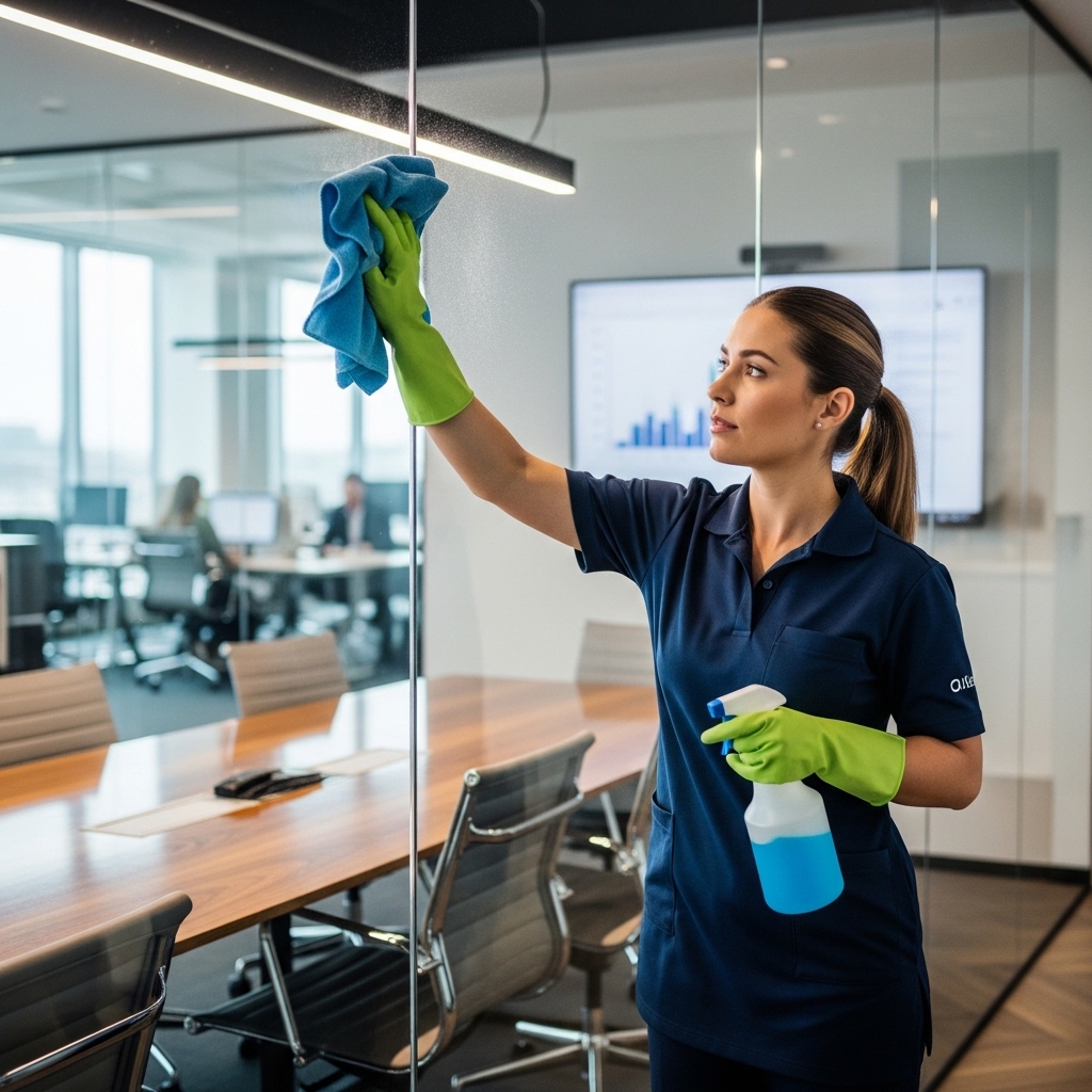 Commercial cleaner detailing a meeting room in an office