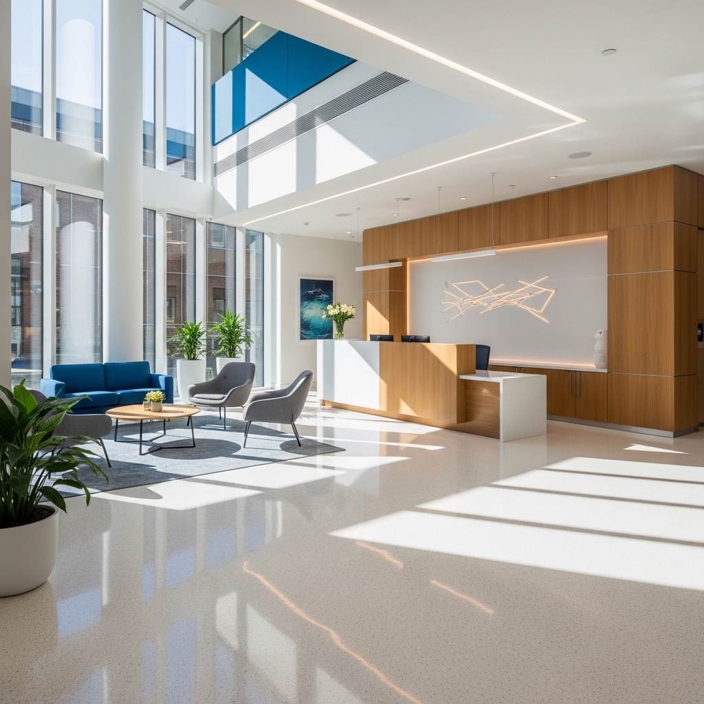 Clean commercial reception area with polished floors
