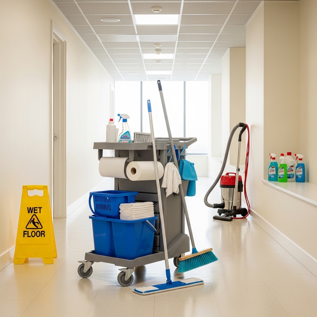 Commercial cleaning equipment prepared for a site visit