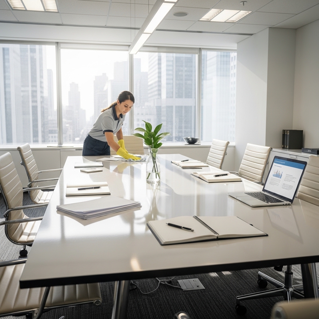 Commercial cleaner preparing a meeting room in a modern office