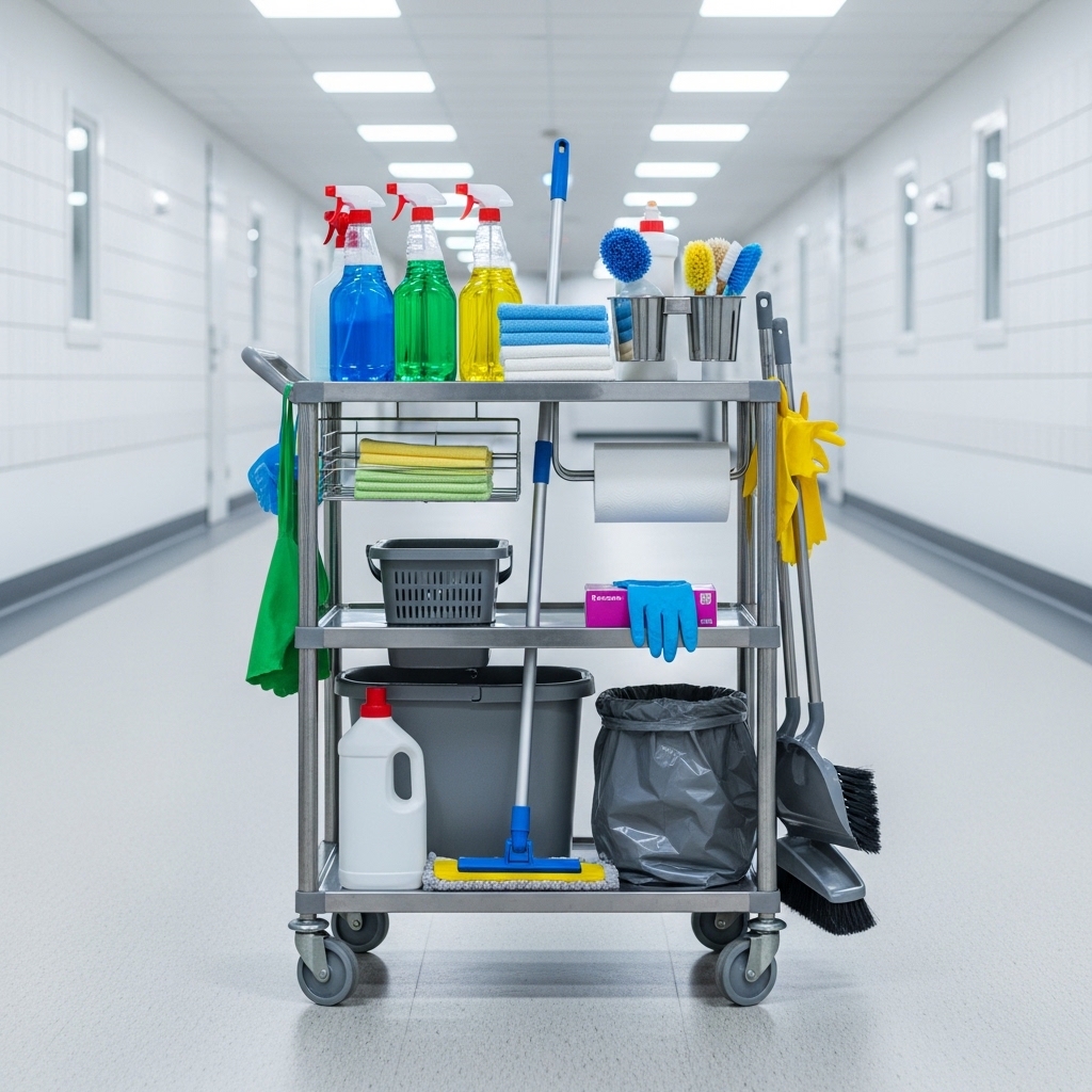 Commercial cleaning equipment prepared for a scheduled clean