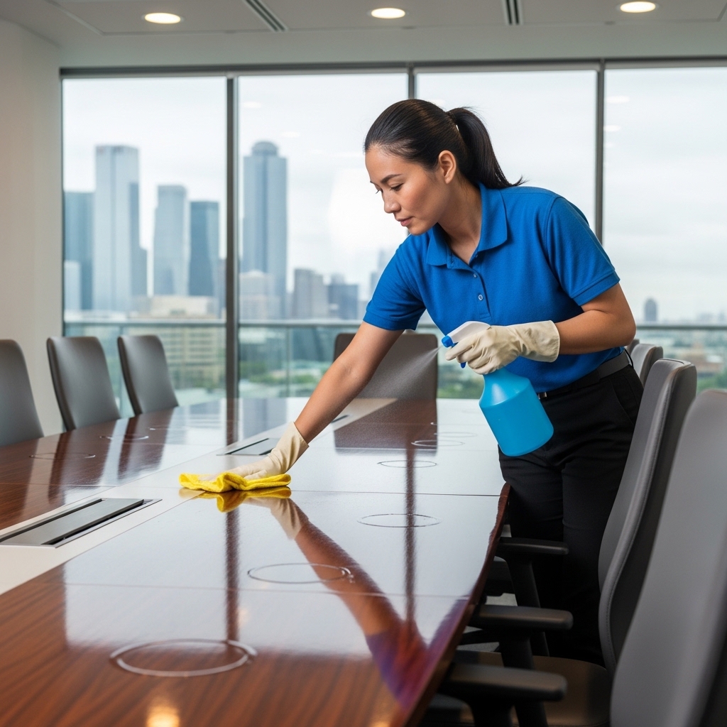 Commercial cleaner sanitising a meeting room in Reading