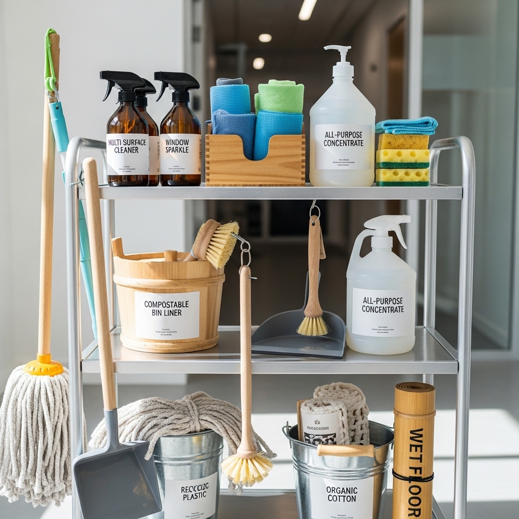Eco-conscious commercial cleaning supplies prepared for a scheduled clean