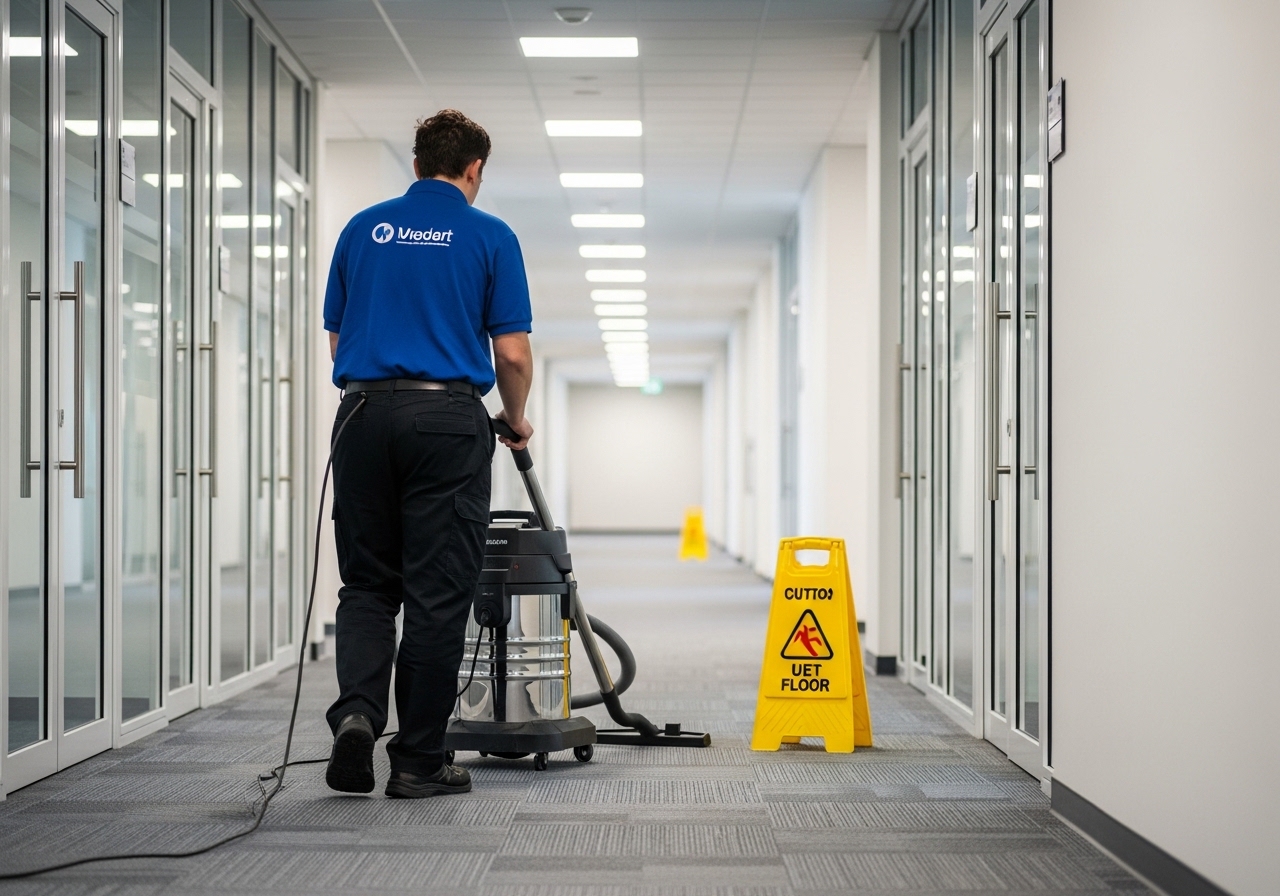 Commercial cleaner maintaining a bright office corridor