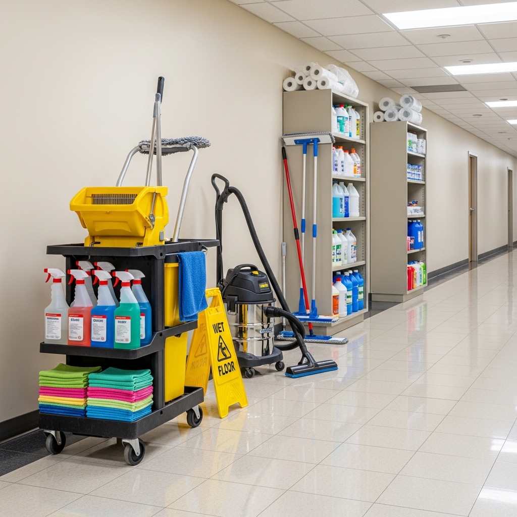 Commercial cleaning equipment prepared for a site visit