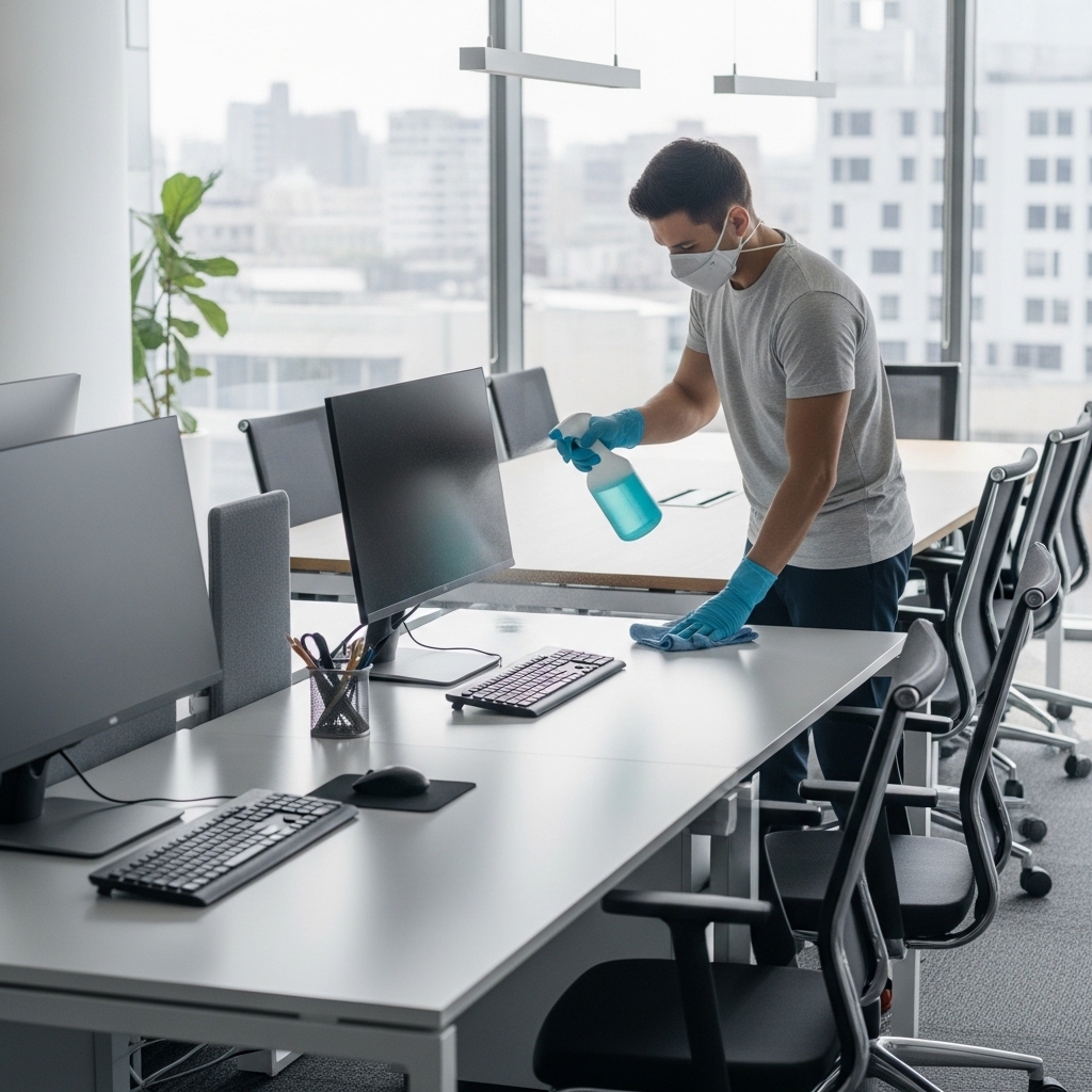 Cleaner disinfecting a desk and meeting room area
