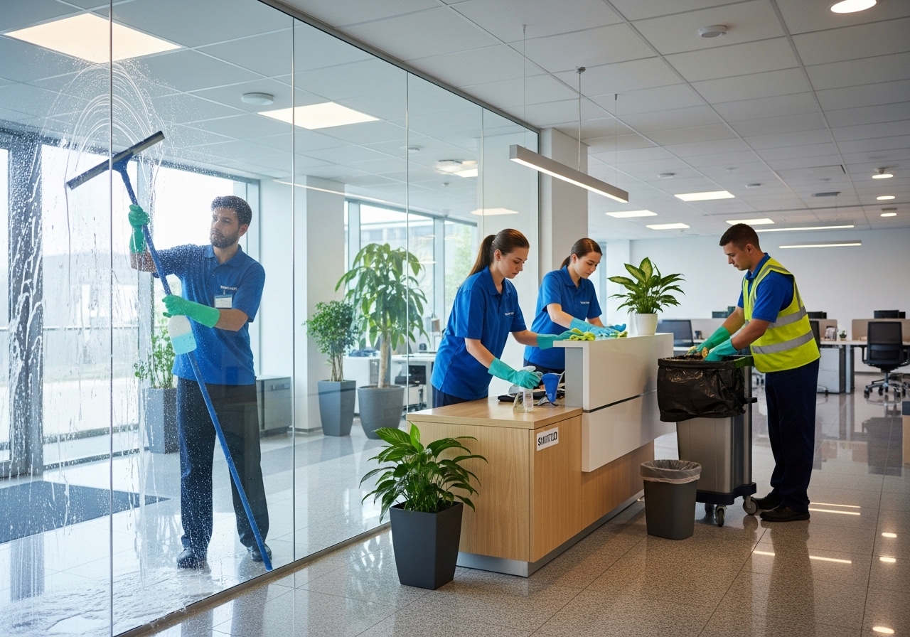 Cleaning team sanitising a reception area