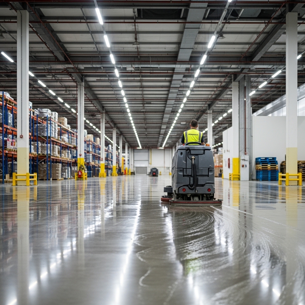 Industrial cleaning with floor scrubber