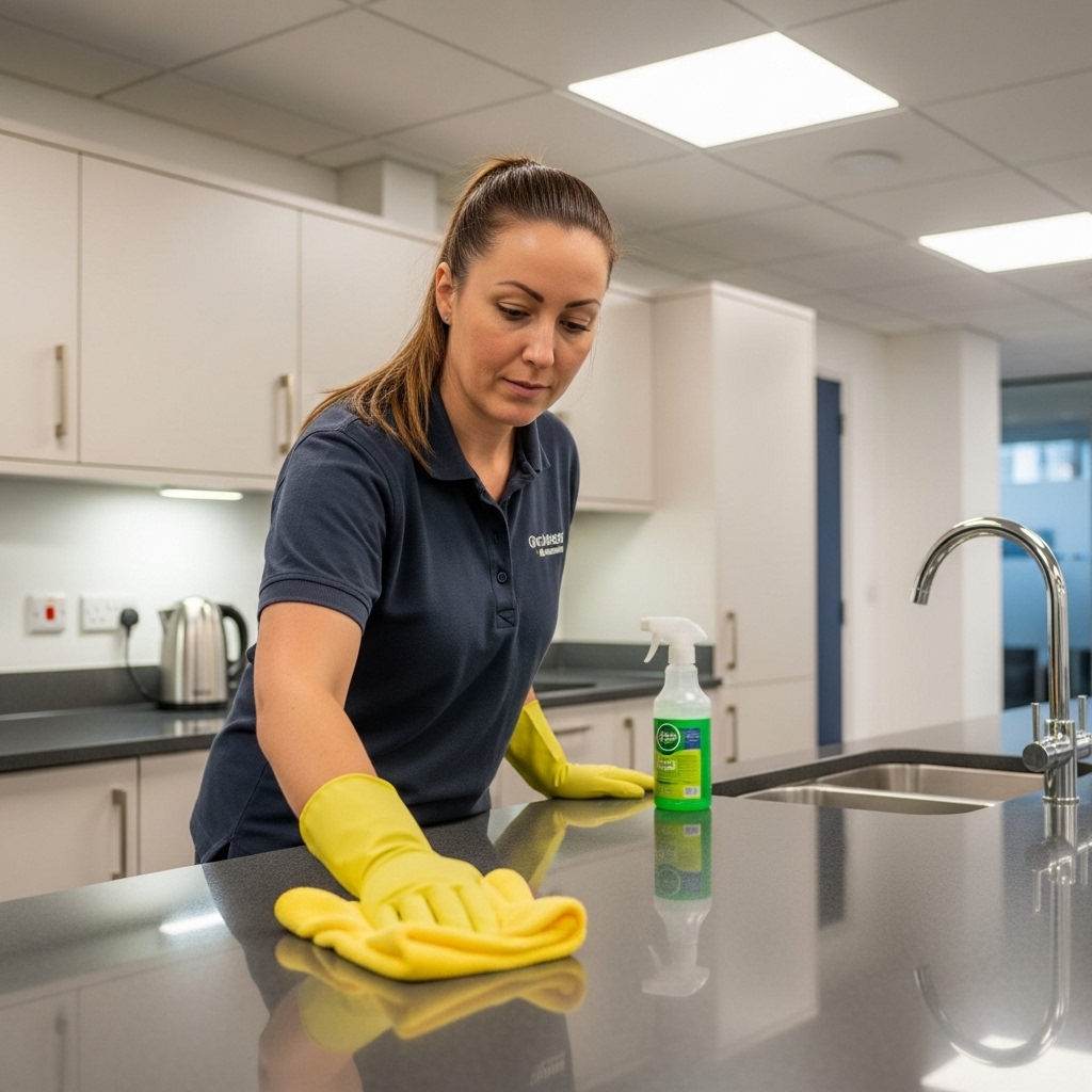 Commercial cleaner sanitising a workplace kitchen