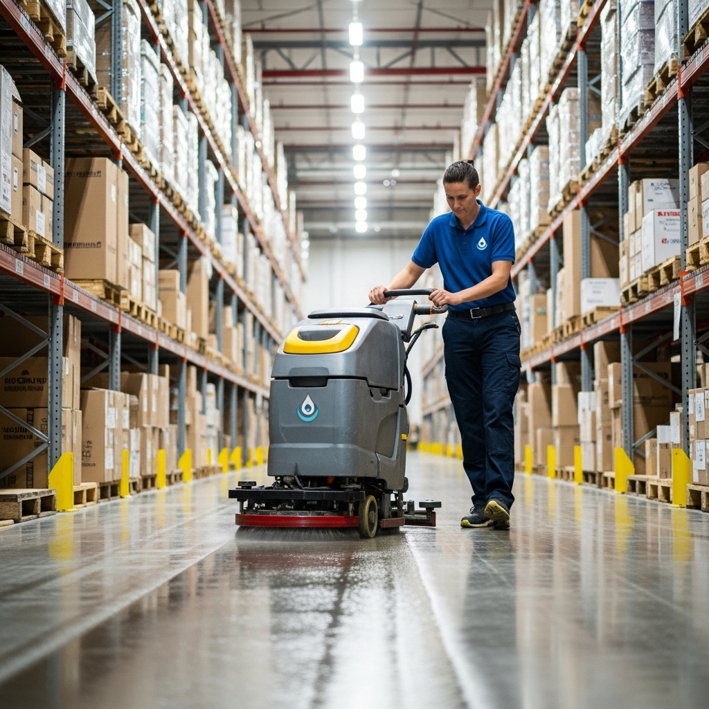 Commercial cleaner using a floor scrubber in a warehouse