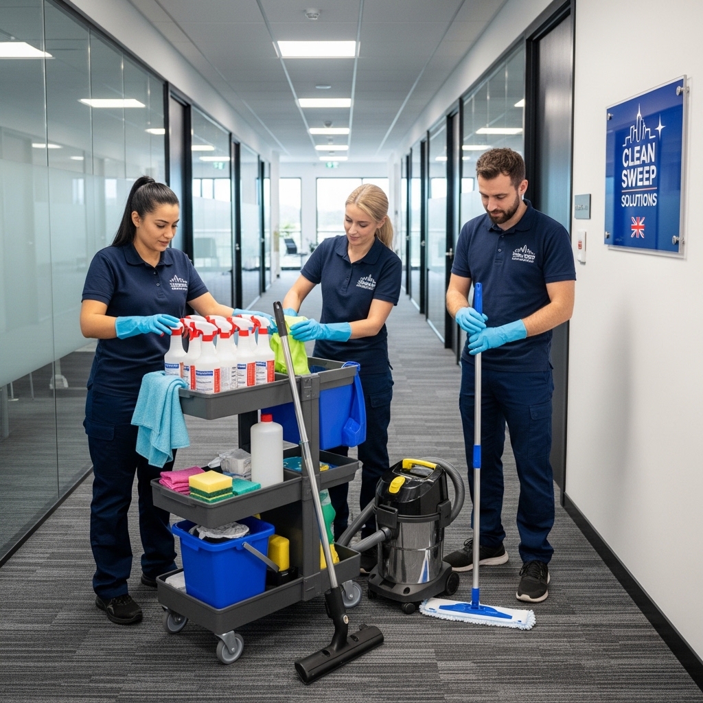 Commercial cleaners preparing equipment for an office clean