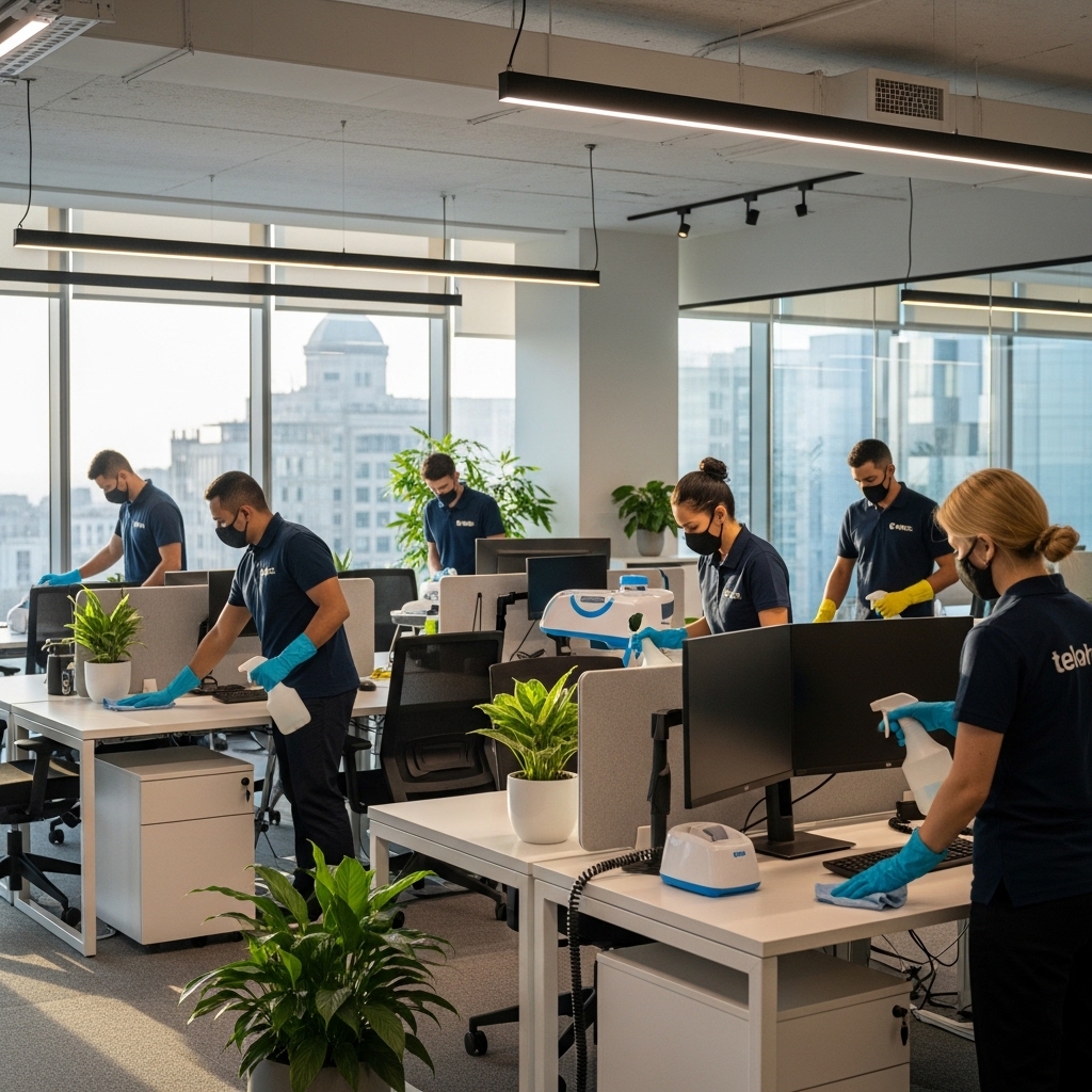 Commercial cleaners sanitising an office environment