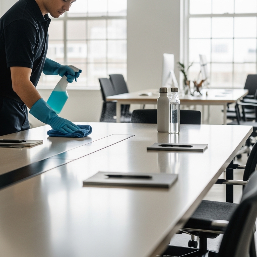 Commercial cleaner sanitising a meeting room table