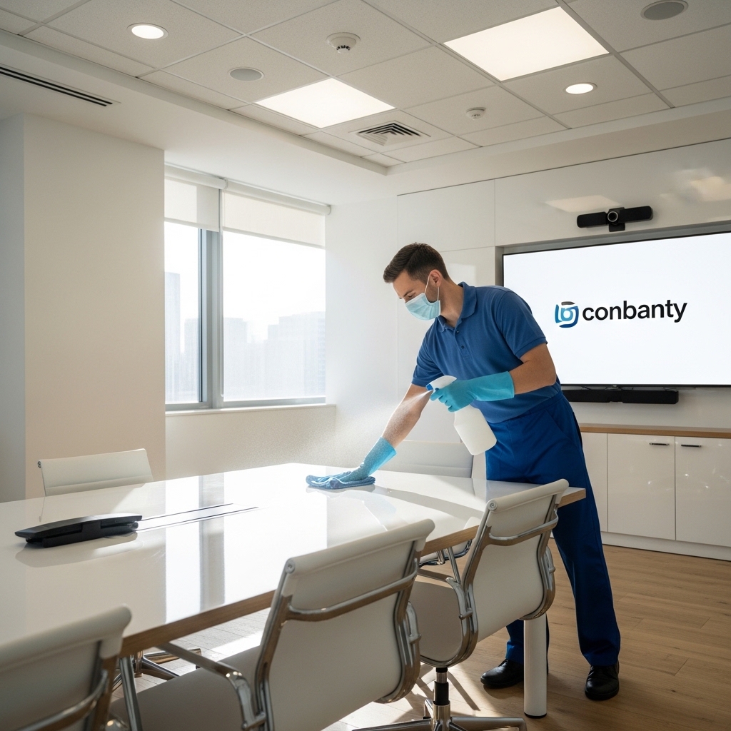 Professional cleaner sanitising high-touch points in an office