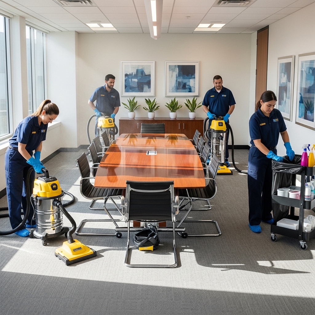 Commercial cleaner vacuuming an office meeting room