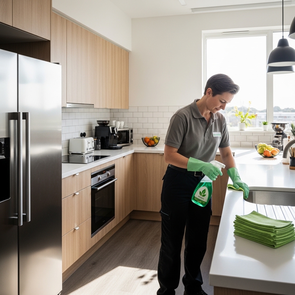 Commercial cleaner sanitising a shared kitchen area