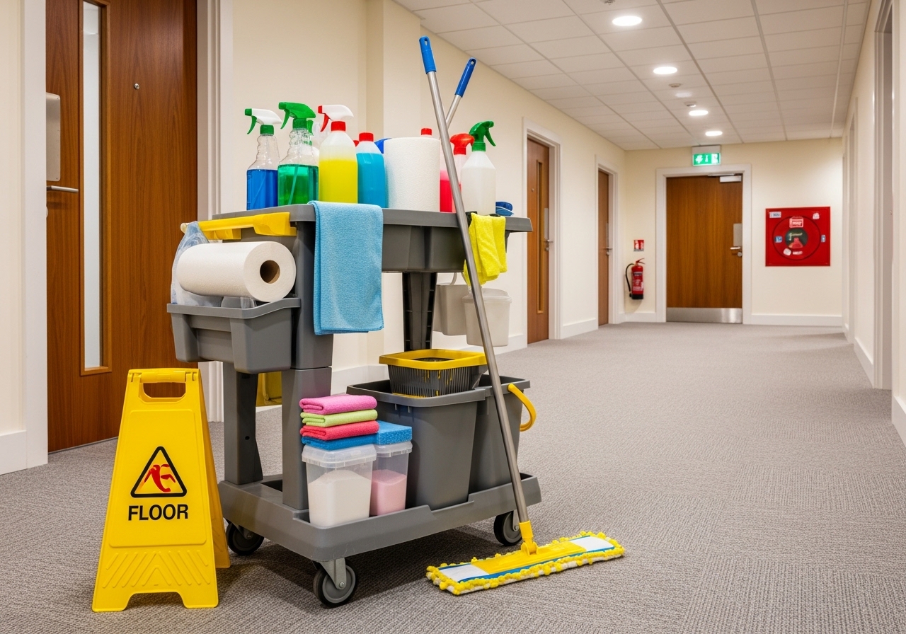 Commercial cleaning equipment prepared for a scheduled clean
