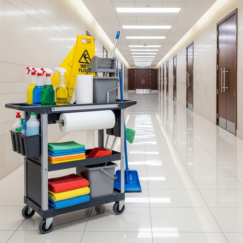 Commercial cleaning supplies prepared for an East Kilbride site