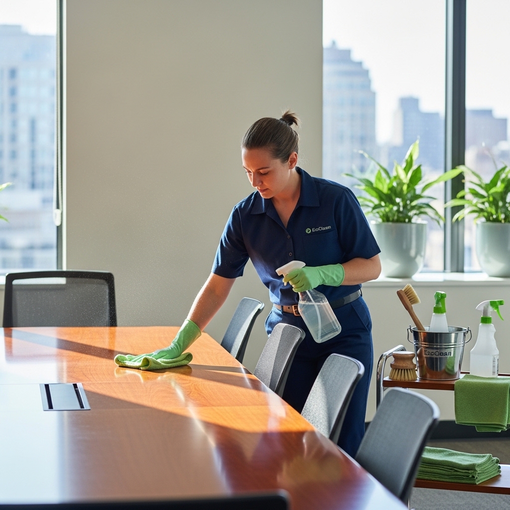 Commercial cleaner preparing a meeting room