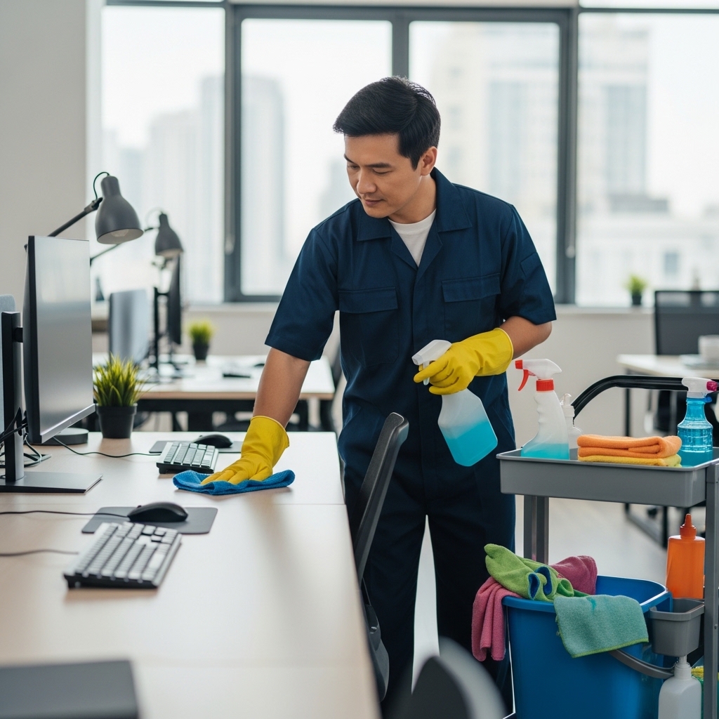 Commercial cleaner sanitising a workstation