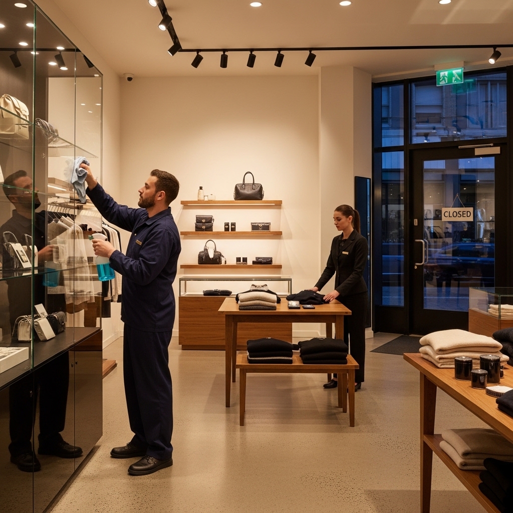 Retail cleaning service being performed after hours