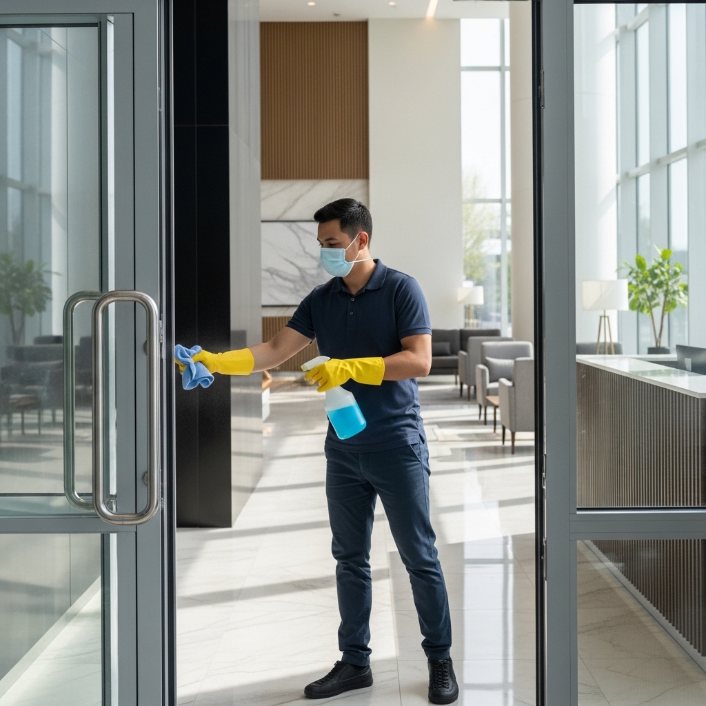 Cleaner disinfecting high-touch points in a commercial building