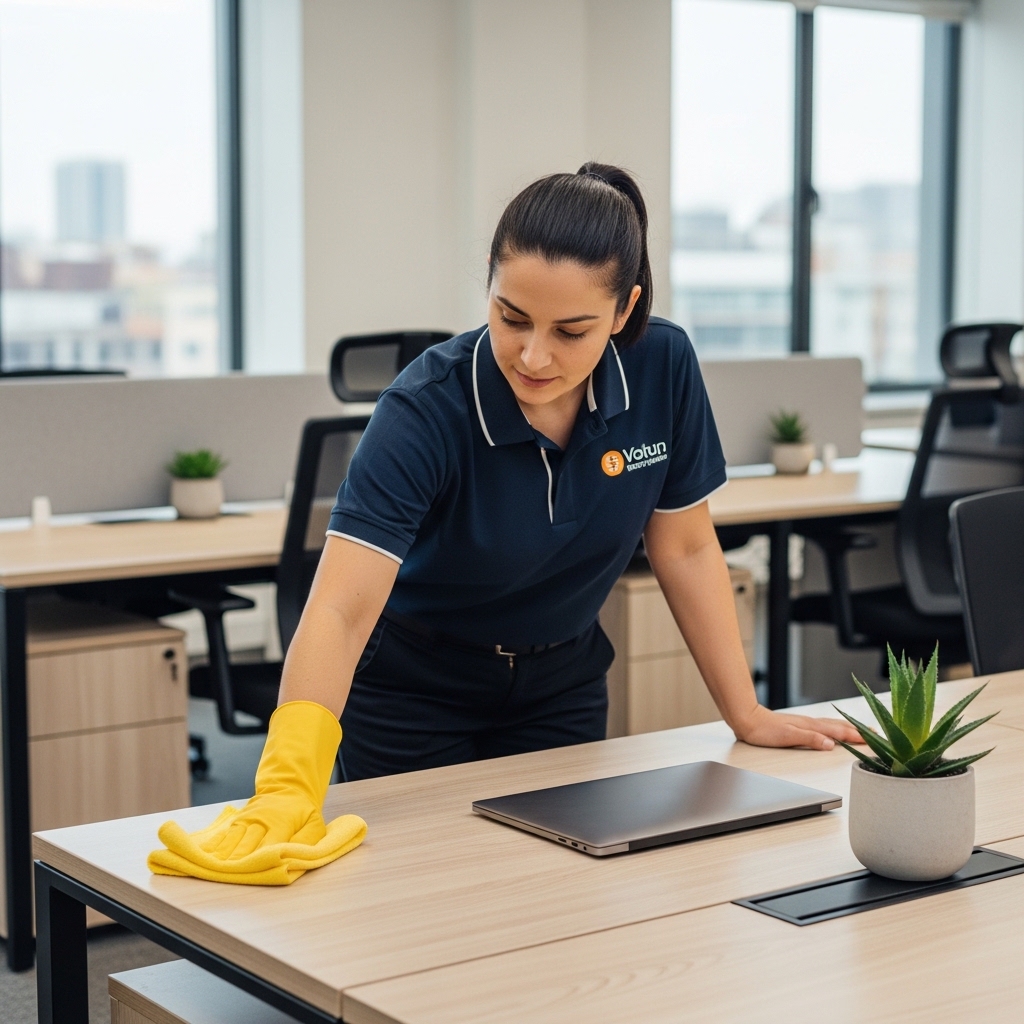Cleaner wiping desk in an office