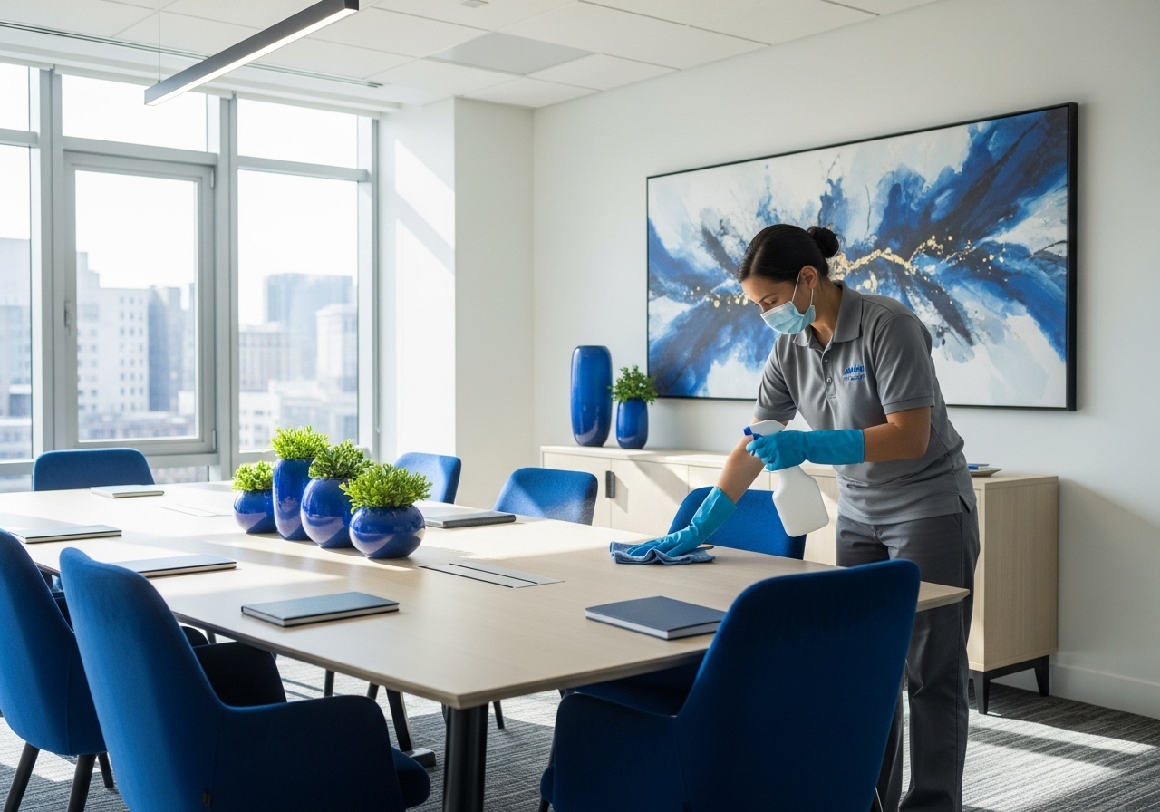 Commercial cleaning team disinfecting a meeting room