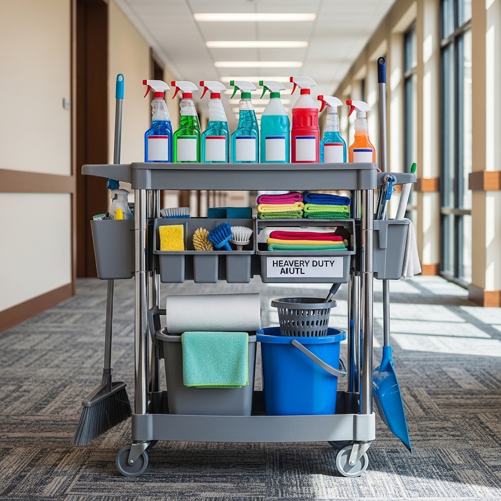 Commercial cleaning setup and supplies