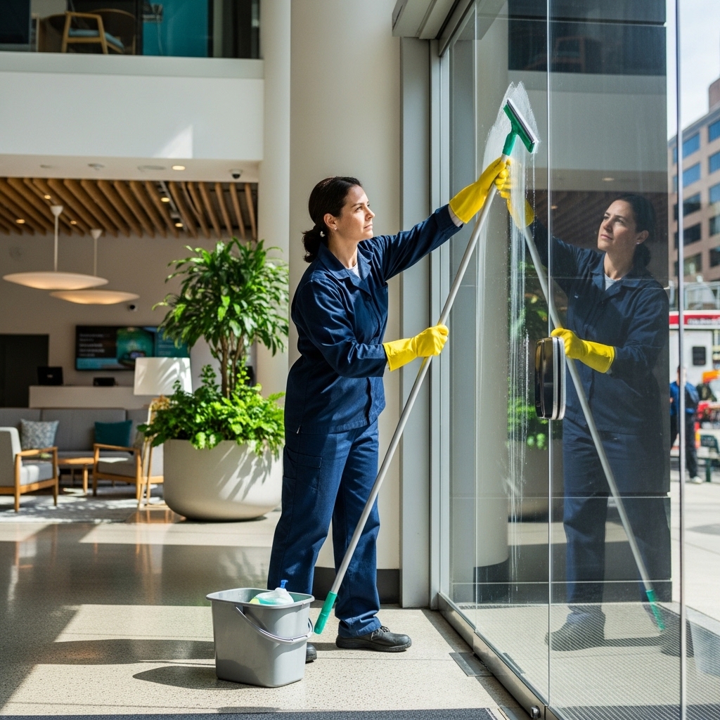 Commercial cleaning in a modern building lobby