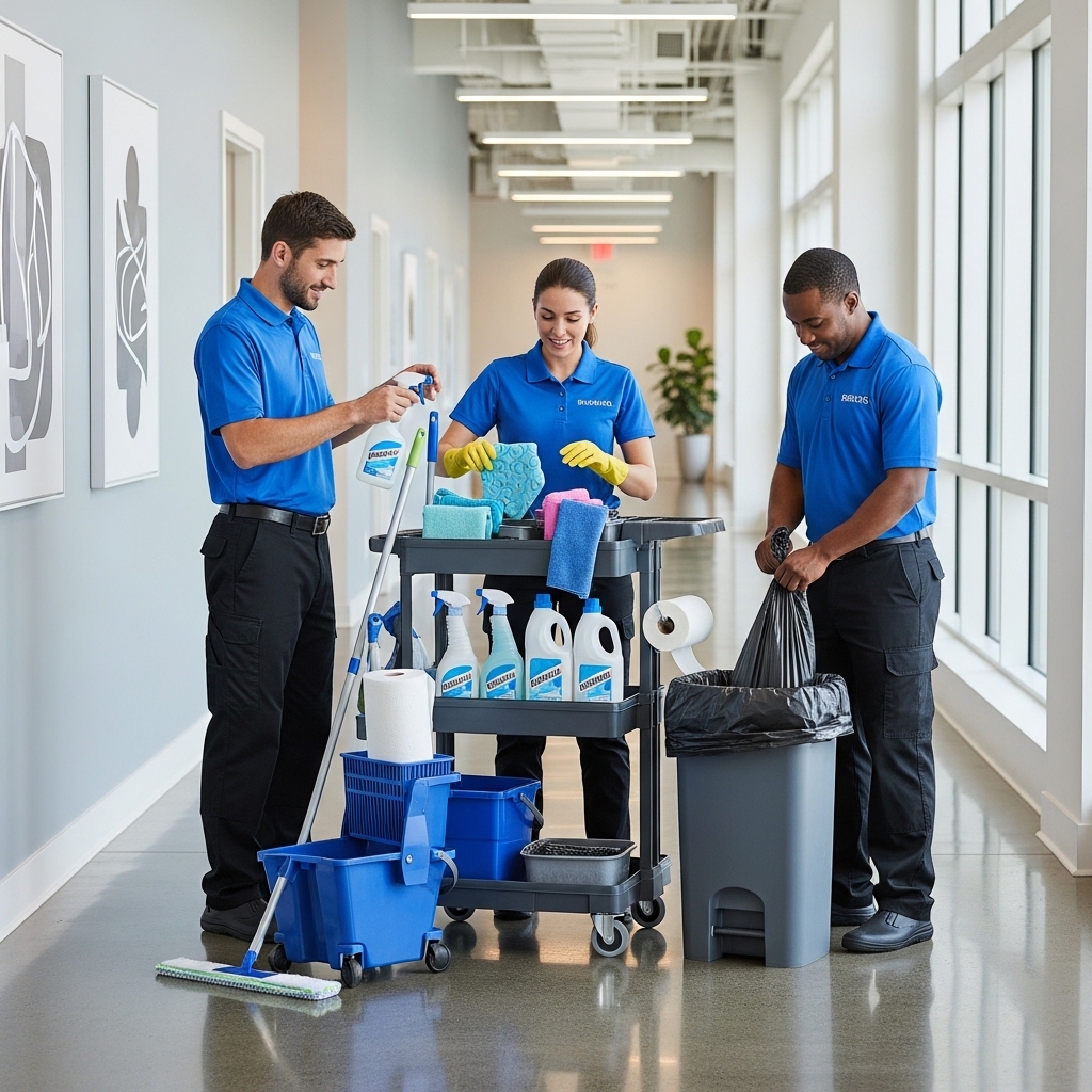 Commercial cleaning team preparing for an out-of-hours clean