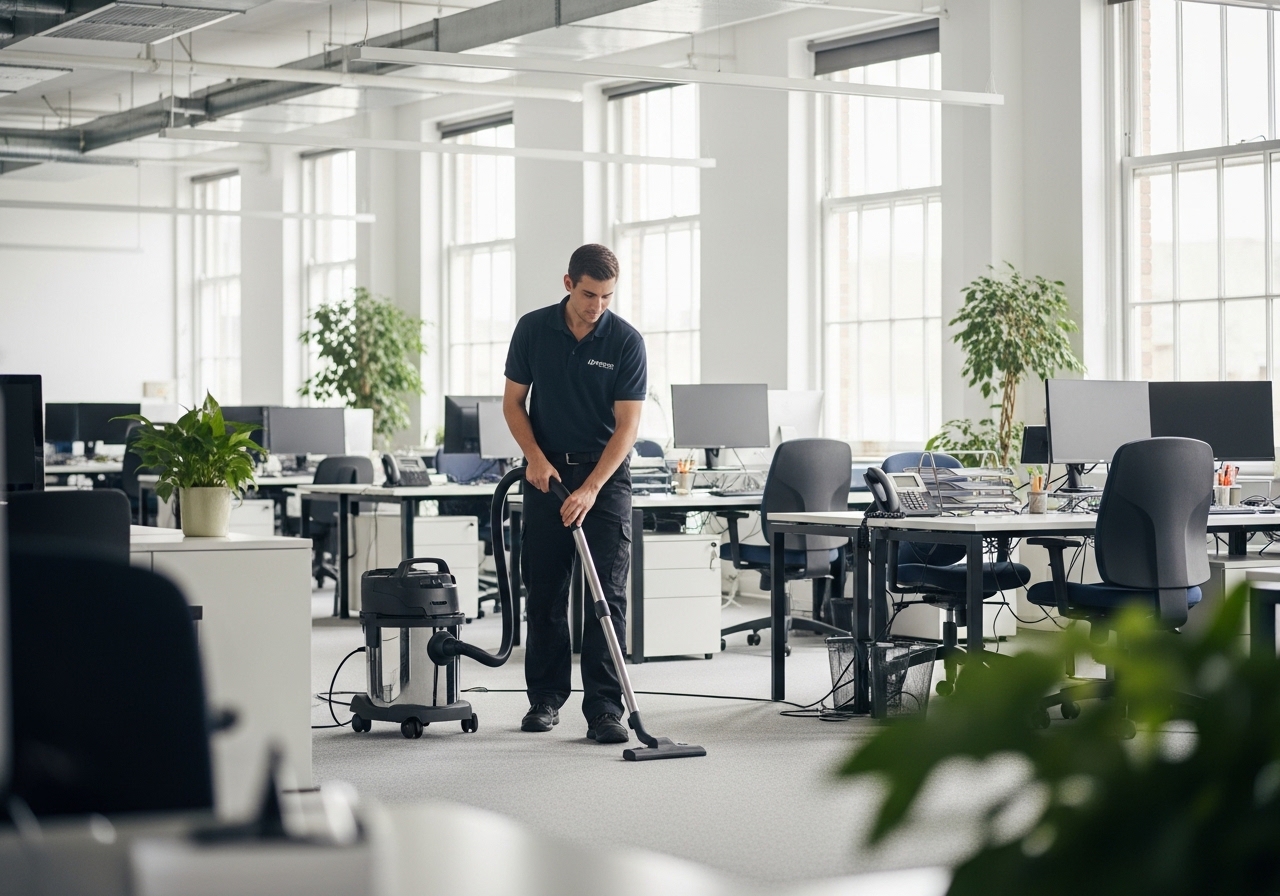 Commercial cleaner vacuuming an open-plan office area
