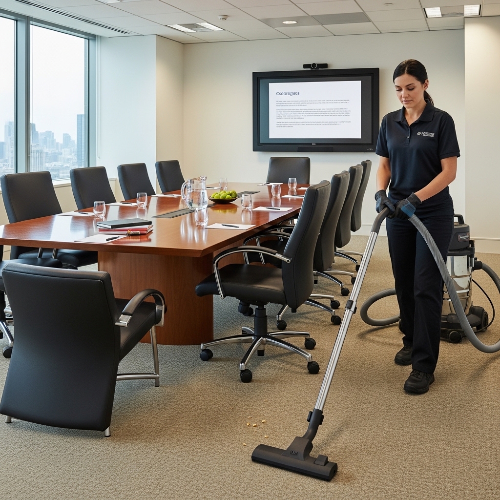 Commercial cleaner vacuuming an office meeting room
