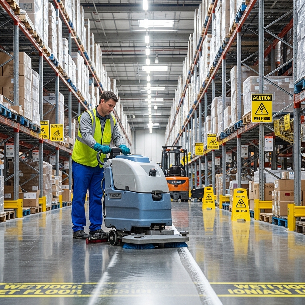 Commercial cleaner operating a floor scrubber in a warehouse
