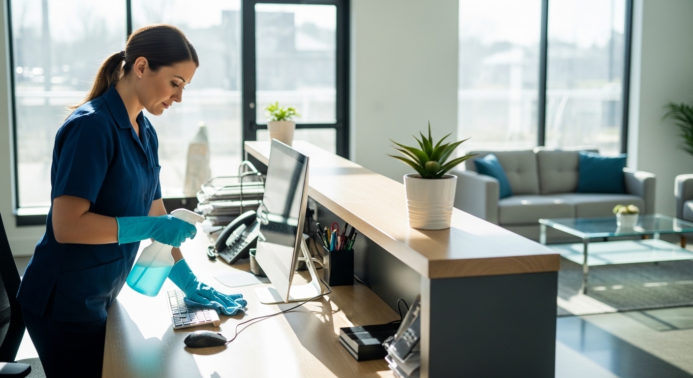 Commercial cleaner sanitising a reception area