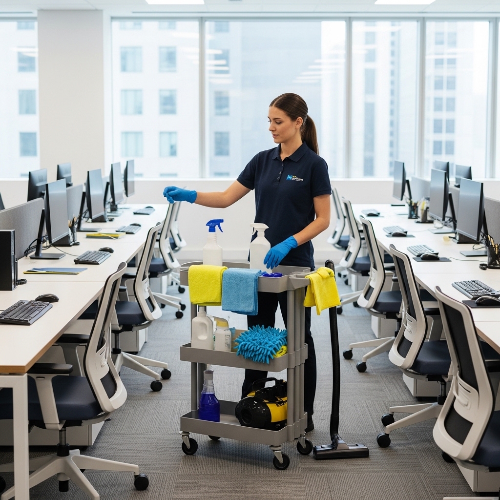 Professional commercial cleaning setup for an office