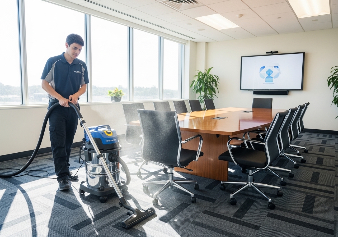 Commercial cleaner vacuuming a meeting room